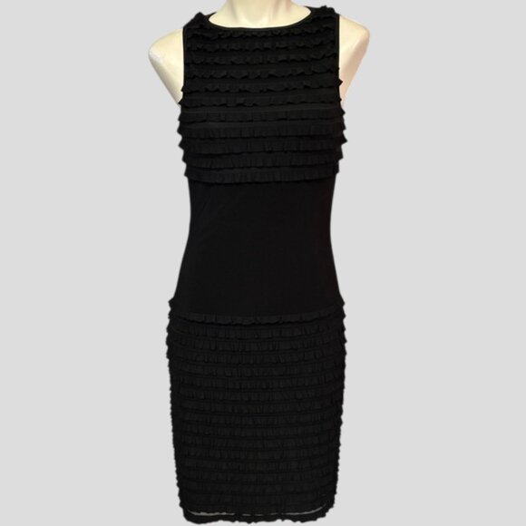 Joseph Ribkoff Sleeveless Black Sheath Layered Ruffle Cocktail Dress Size 4 - Picture 3 of 12